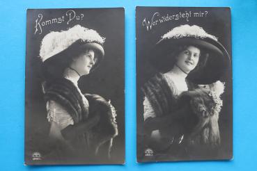 2x AK Frau mit Hut und Pelz – Kommst Du? Wer wiersteht mir? / 1910-1930 / Hut, Mode, Pelz