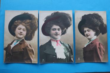 Set von 6 AK Frau mit Hut / 1910-1930 / Hutmode, Kleid,