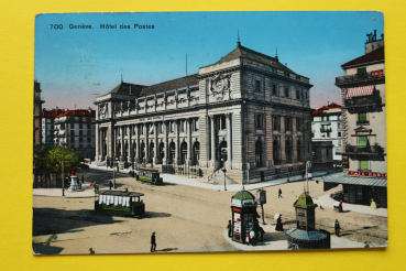 Ansichtskarte AK Genf / Post / 1919 / Straßenbahn – Kiosk – Cafe Restaurant – Straßenansicht