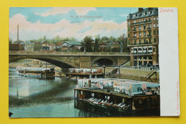 Ansichtskarte AK Genf / Coulouvreniere Brücke / 1900 / Waschanstalt am Fluss – Wäsche – Wäscherei