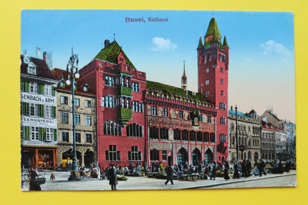 Ansichtskarte Basel / Marktplatz und Rathaus / 1907 / Markttag – Kaffeerösterei – Marktstände